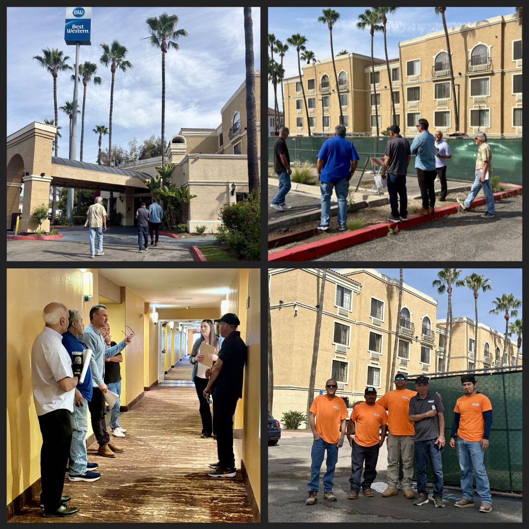 Level 3 Construction team and hotel staff walk the Best Western Escondido property, reviewing project areas and discussing renovation logistics prior to construction start.