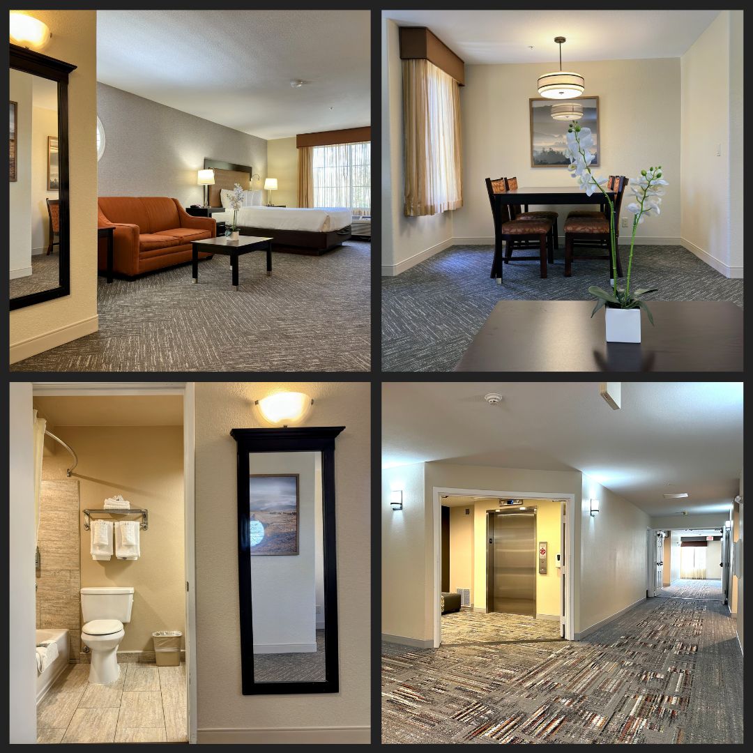 Collage showing the completed renovation at the Best Western Escondido Hotel, including a renovated guest room, guest suite dining area, updated bathroom, and refreshed interior corridor completed by Level 3 Construction.