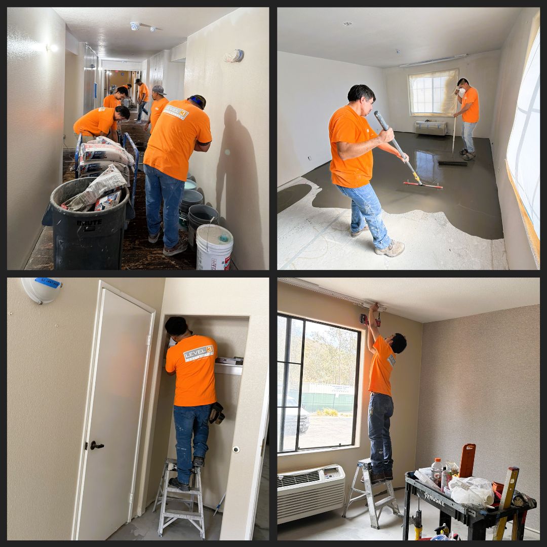 Four-photo collage showing Level 3 Construction crews renovating the Best Western Escondido. Upper-left: Workers preparing hallway flooring materials. Upper-right: Crew applying self-leveling floor compound in a guest room. Lower-left: Technician working inside a guest room closet. Lower-right: Installer mounting new ceiling fixtures near a window and HVAC unit.