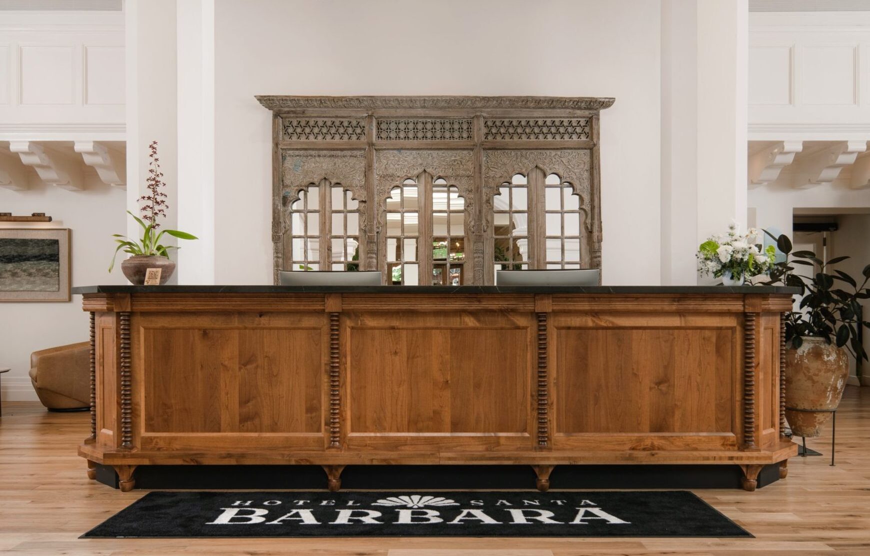 Lobby renovation, with newly install reception desk, at the Hotel Santa Barbara