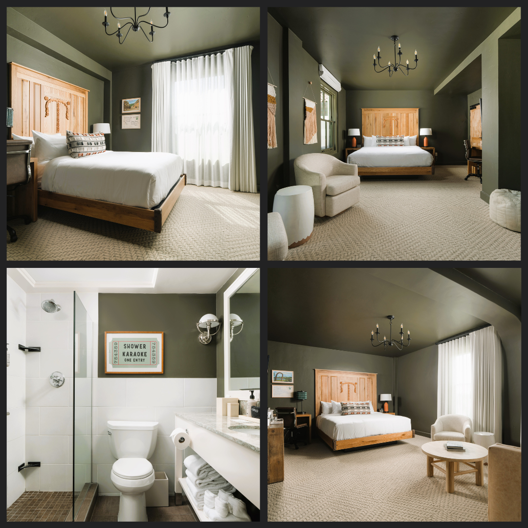 Collage of renovated guest rooms at the Hotel Santa Barbara, featuring modern furnishings, warm wood headboards, neutral tones, and updated bathrooms with glass showers.