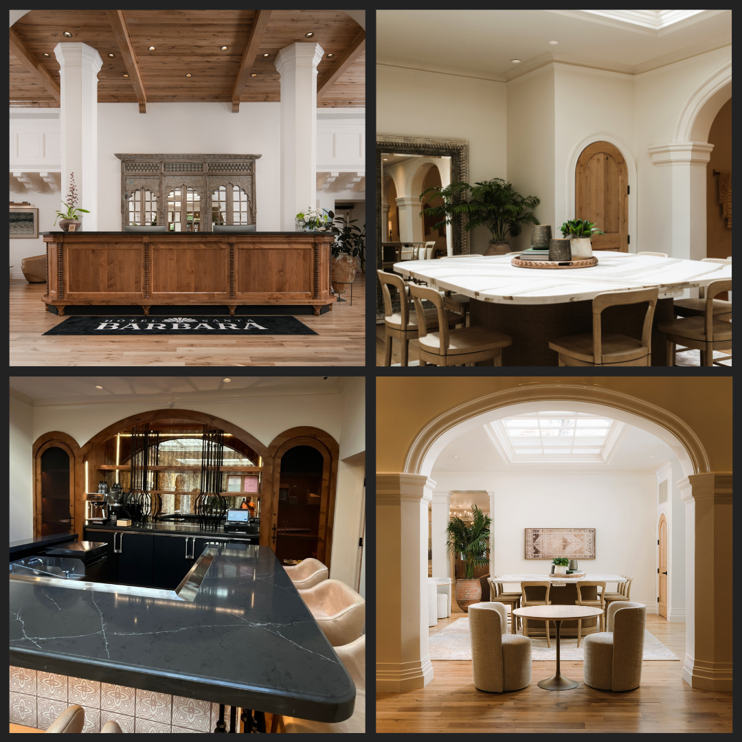 Collage of Hotel Santa Barbara’s renovated lobby spaces, featuring a ornate wood reception desk, bright seating areas with natural light, and the new all-day bar with Quartz countertop and warm wood finishes