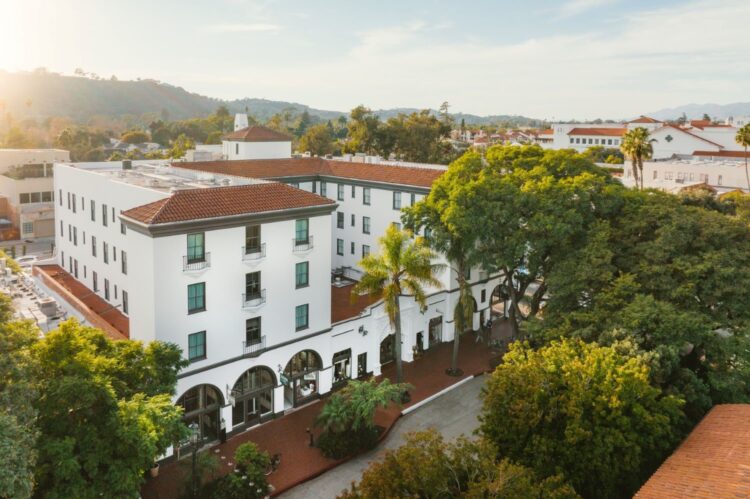 Aerial view of Hotel Santa Barbara, a historic Spanish-style building in downtown Santa Barbara.