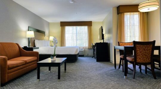 Renovated king guest room at the Best Western Escondido Hotel featuring a king bed, loveseat, coffee table, dining set, and updated finishes.