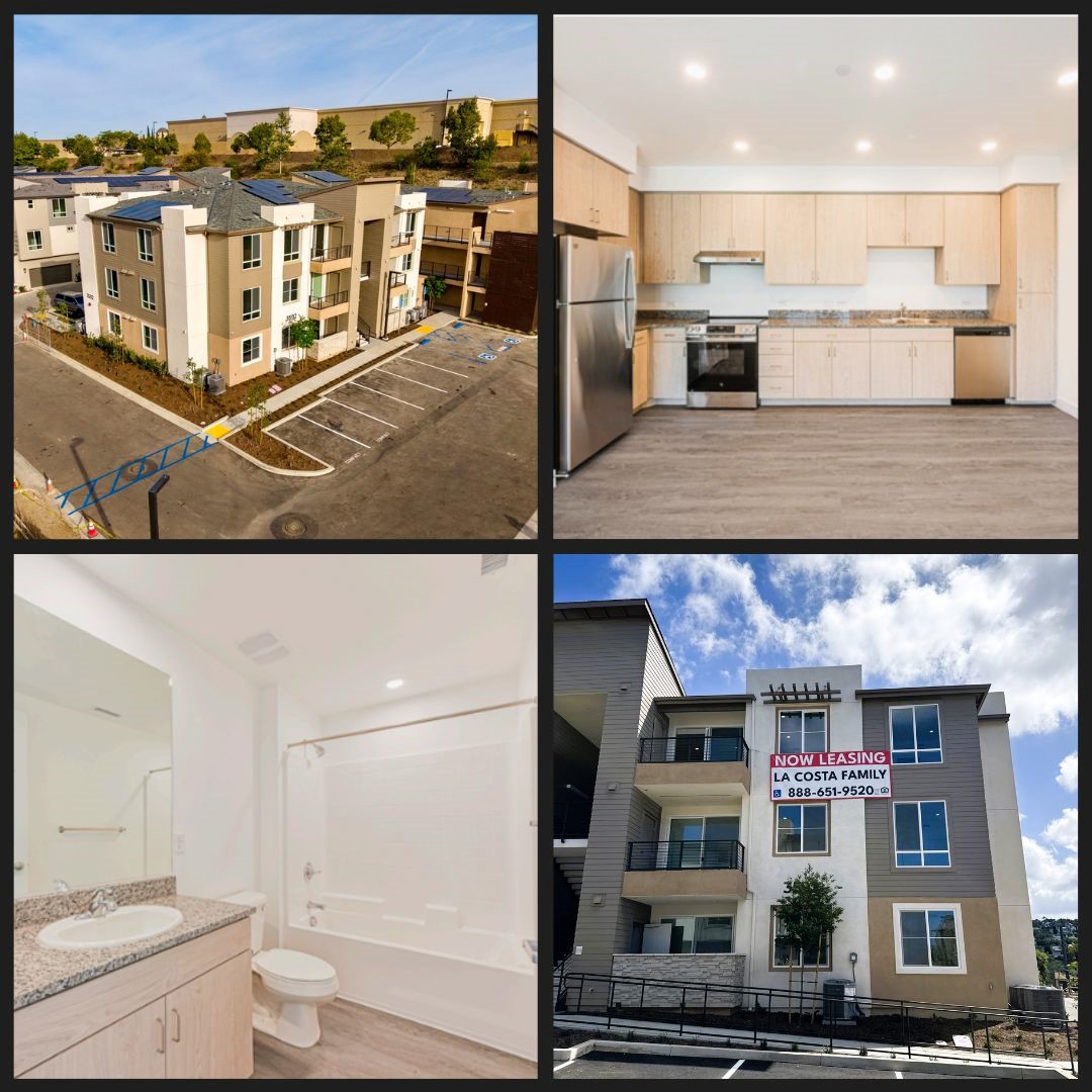Four-photo collage of La Costa Family Apartments in Carlsbad, California, showing aerial view of completed three-story buildings, modern kitchen interior, bathroom interior, and building exterior with Now Leasing sign.