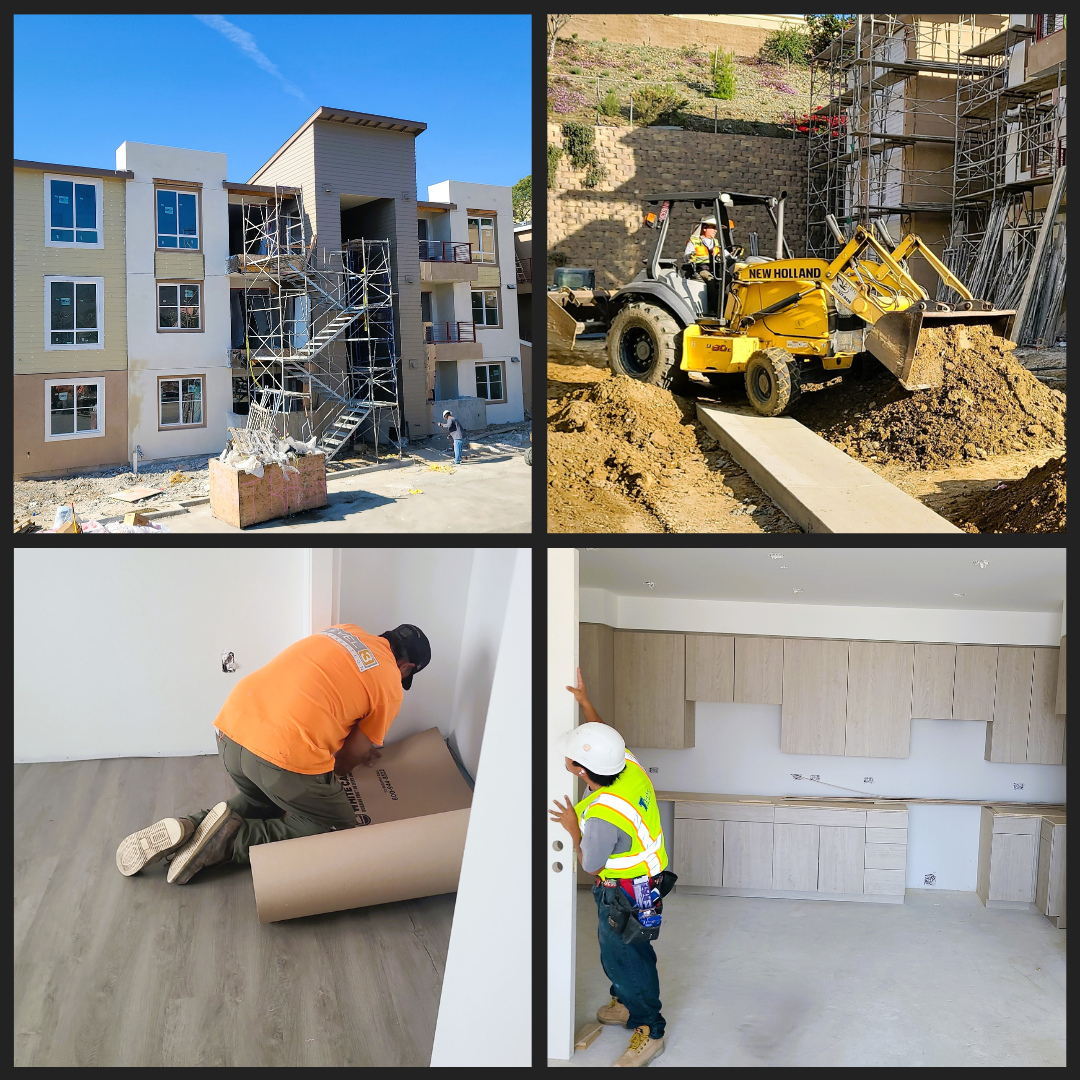 Four photos showing construction progress at the La Costa Family Apartments in Carlsbad, including exterior scaffolding removed, heavy equipment moving dirt, interior flooring installation, and kitchen cabinetry installation.
