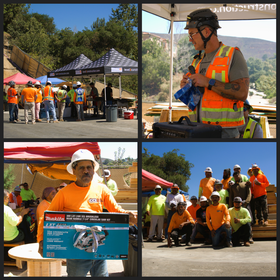 A collage of construction workers at the La Costa Family Apartments topping out party in Carlsbad, CA. Top left: The crew lines up for tacos from the Taco Cart Guy. Top right: CEO Ian Mahon raffles off prizes. Bottom left: Our grand prize winner with his new cordless Makita brushless circular saw kit. Bottom right: Members of the construction crew gather for a photo following lunch and a raffle. 