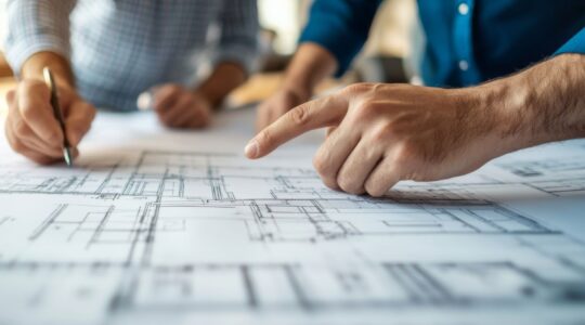 General contractor and project team reviewing construction plans during a pre-construction meeting.