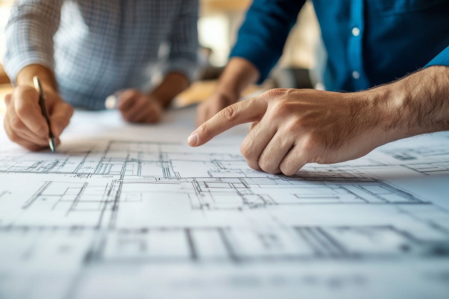 General contractor and project team reviewing construction plans during a pre-construction meeting.