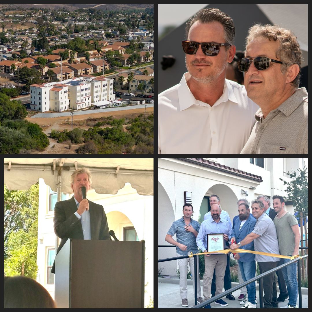 A photo collage of four images from the grand opening of South River Village. Top left: Aerial shot of the back side of South River Village , Oceanside, California's newest affordable housing community. Top right: Level 3 Construction President and CEO Ian Mahon and Kursat Misirlioglu, CEO of MirKa Investments. Bottom left: Bob Cummings, president of MirKa Investments, stands at the podium and delivers the opening remarks. Bottom right: A group of men gather on the front steps of South River Village to celebrate its grand opening.
